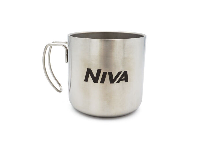 Trinkbecher Metall - silber - mit Aufdruck "NIVA" - mit modernem Draht-Griff